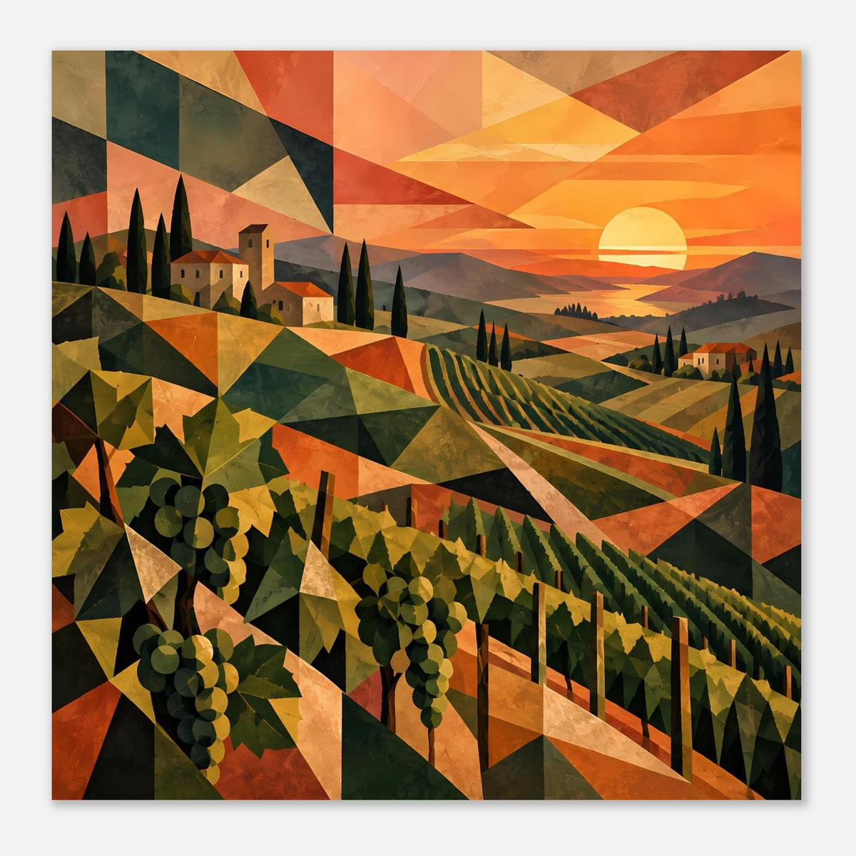 Gerahmtes Poster mit geometrischem Weinberg und Sonnenuntergang, Panoramaformat