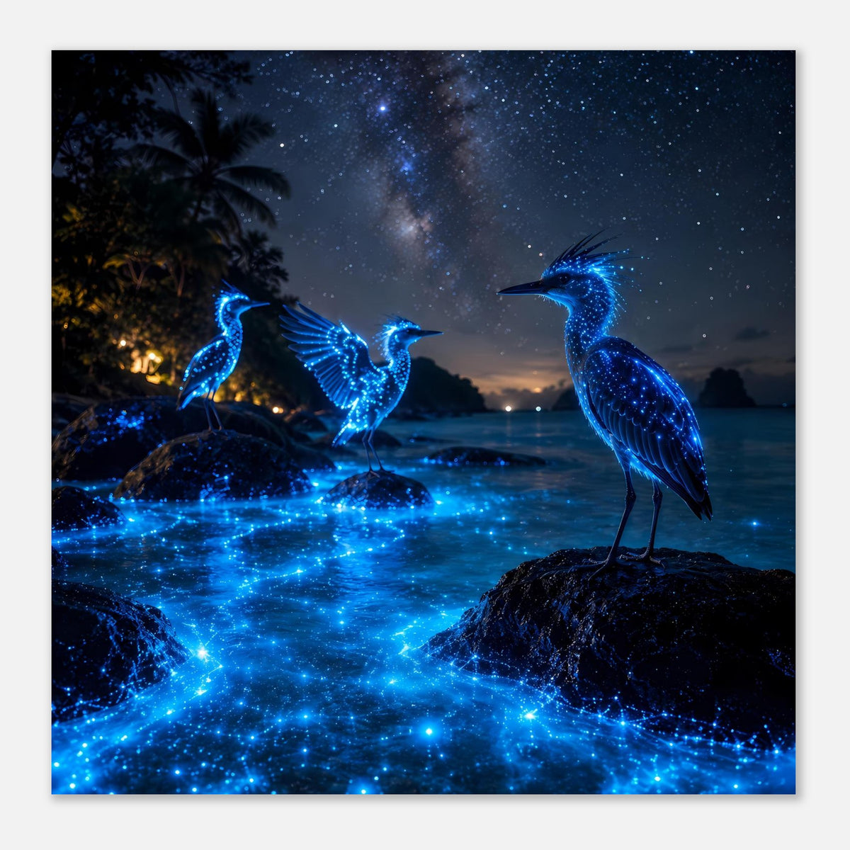 Poster mit drei leuchtenden blauen Nachtvögeln auf Felsen, blaues Funkeln über dem Wasser