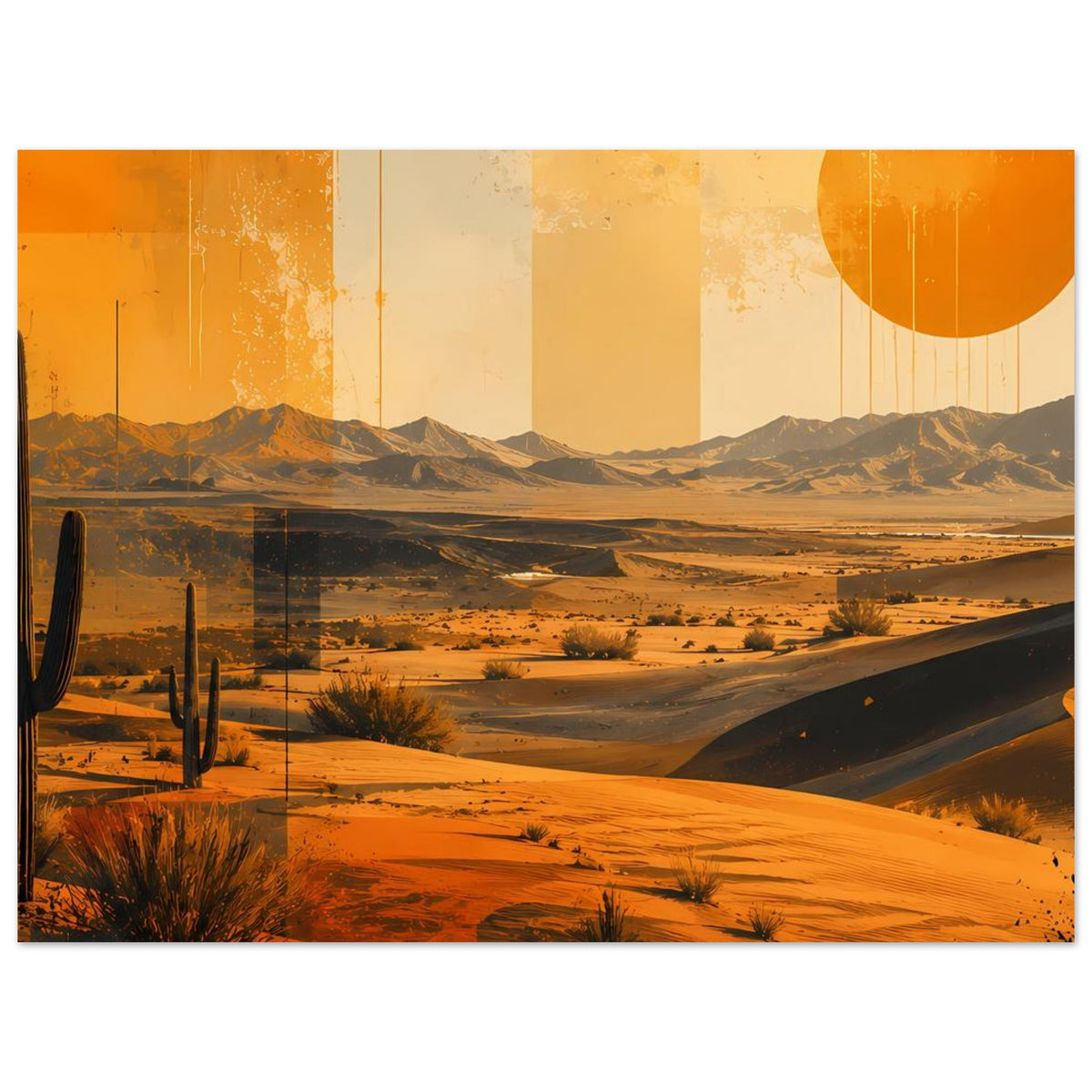 Retro-Wüstenposter mit Wüstenlandschaft, Kakteen links und orangefarbener Sonne rechts oben