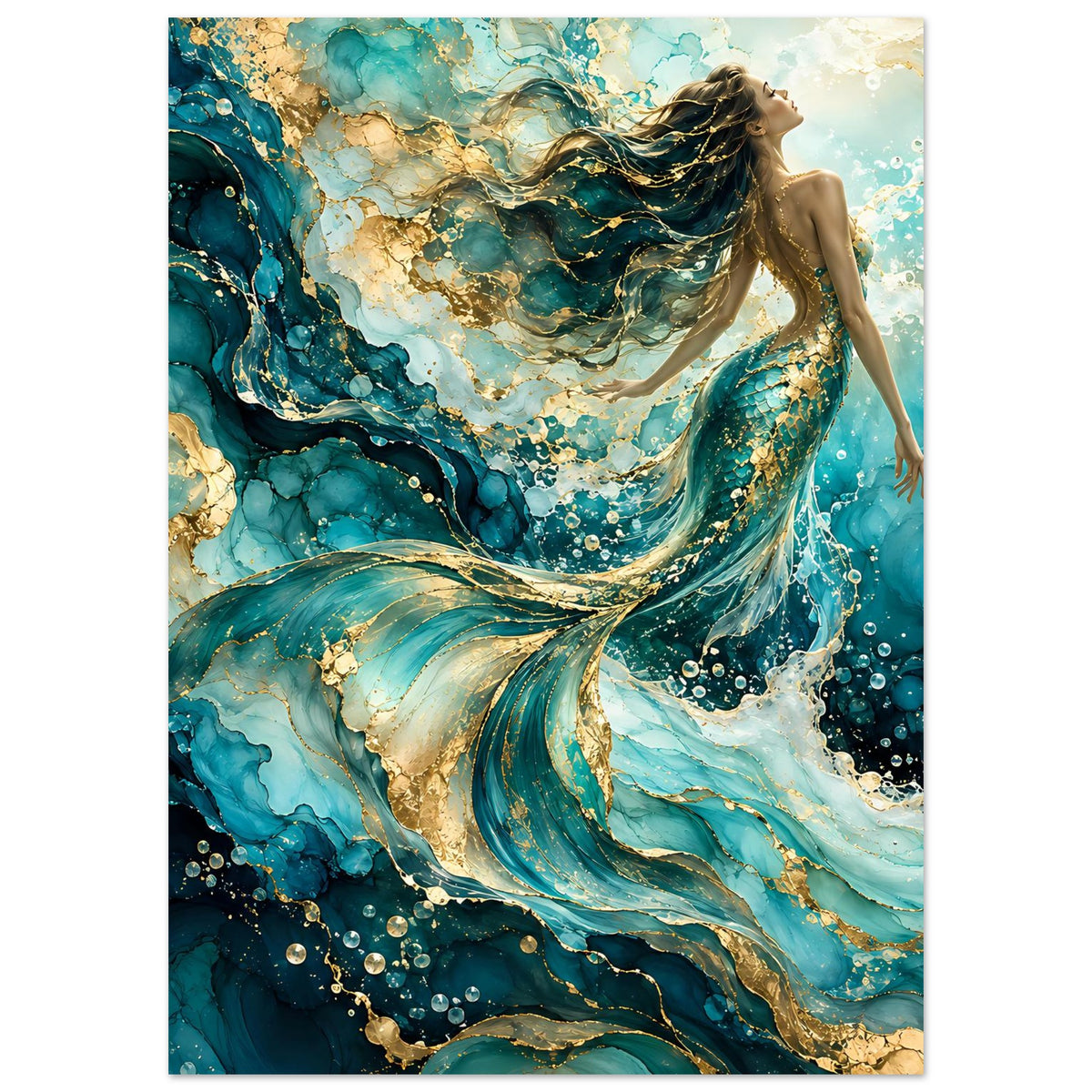 Meerjungfrau-Kunstposter mit dramatischer Flosse, türkisblaues Wasser und goldene Ränder