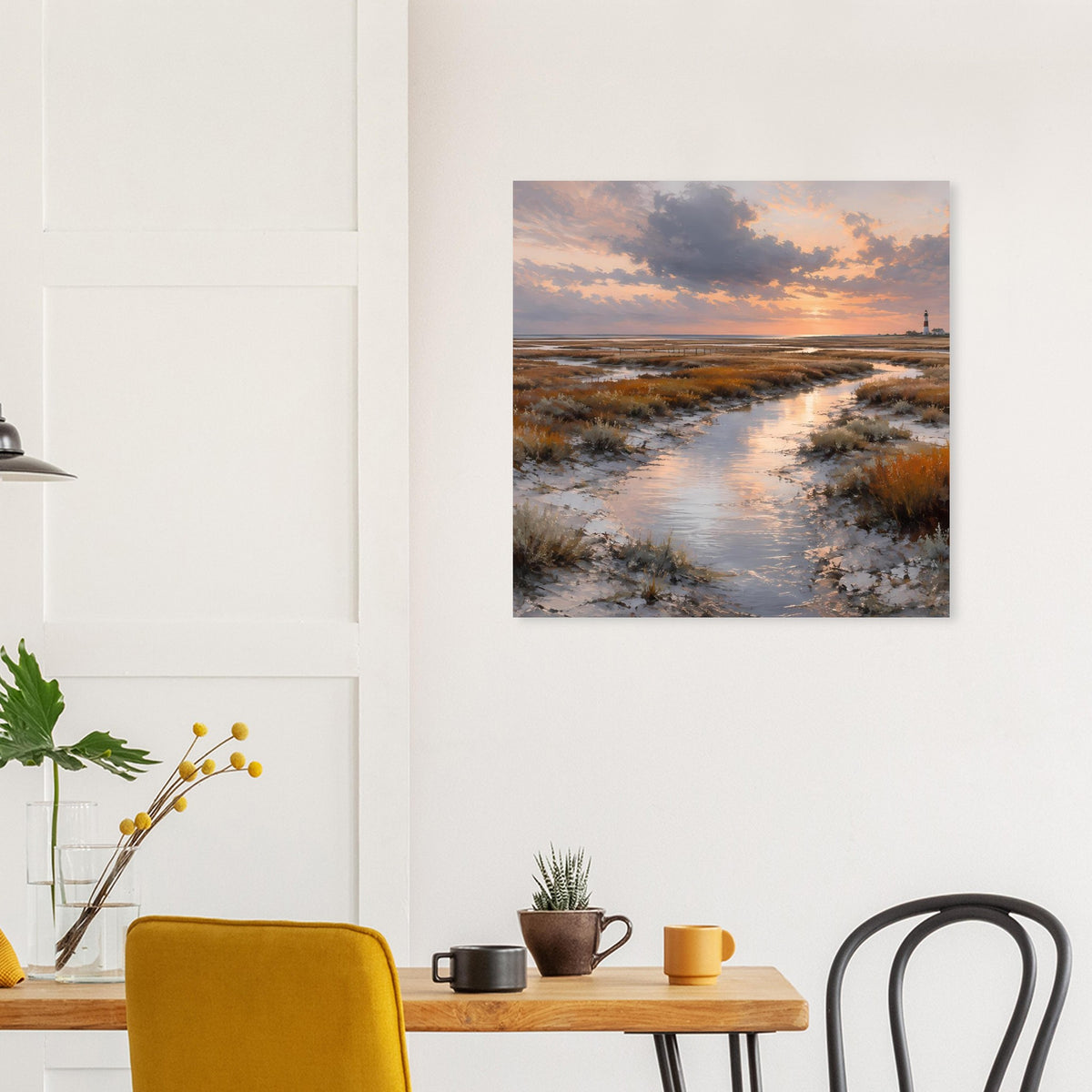 Poster mit Leuchtturm im Sonnenuntergang, Dünenpfad entlang eines schmalen Wasserwegs