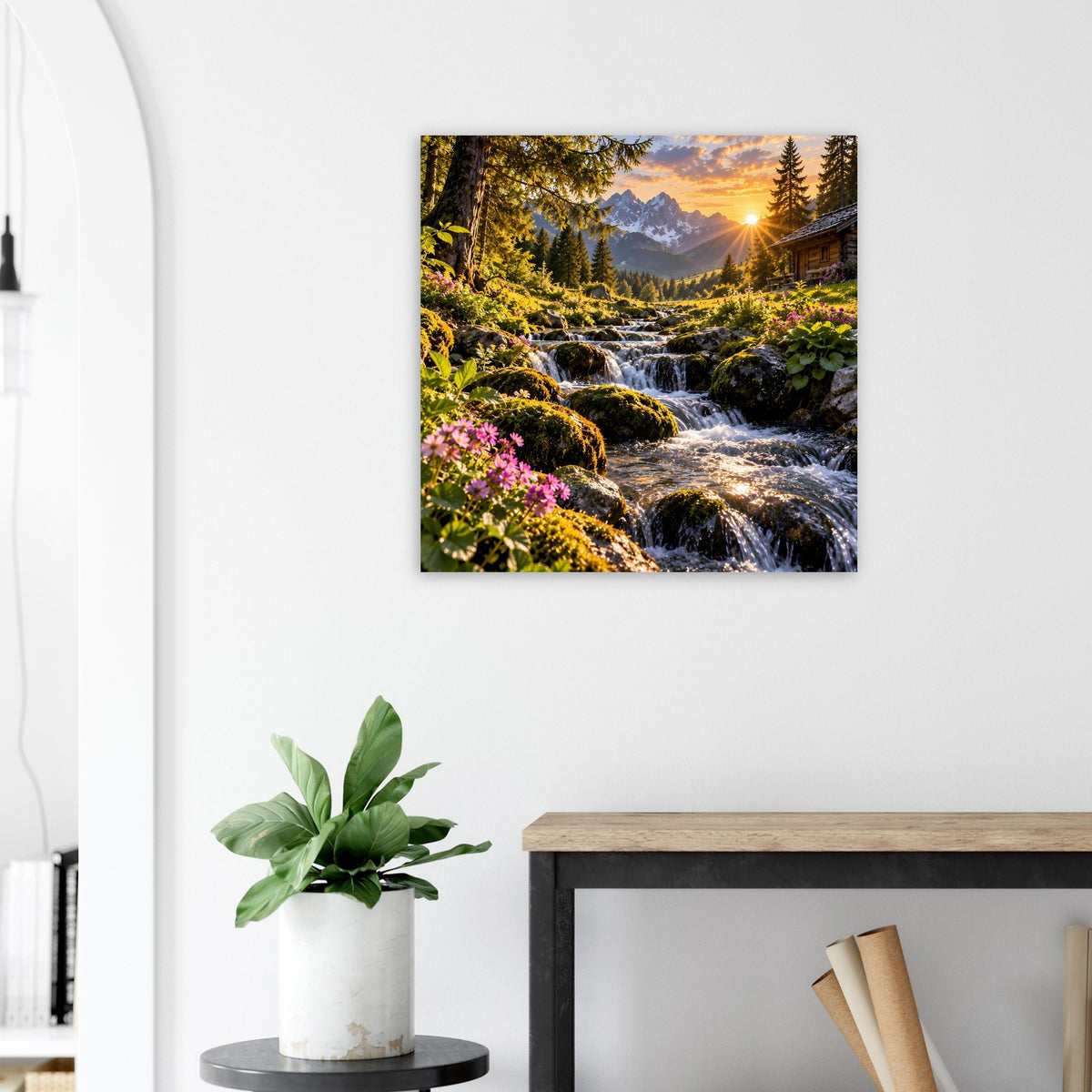 Landschafts-Poster mit Wasserlauf durch Steine, Waldkulisse und Sonnenaufgang