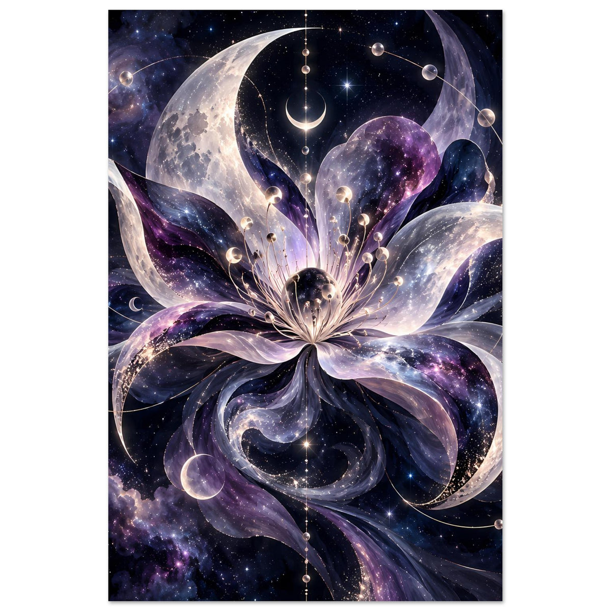 Kosmische Blüte mit Monden, Planeten und Sternen in violett-blauem Weltraum – Motivansicht 26
