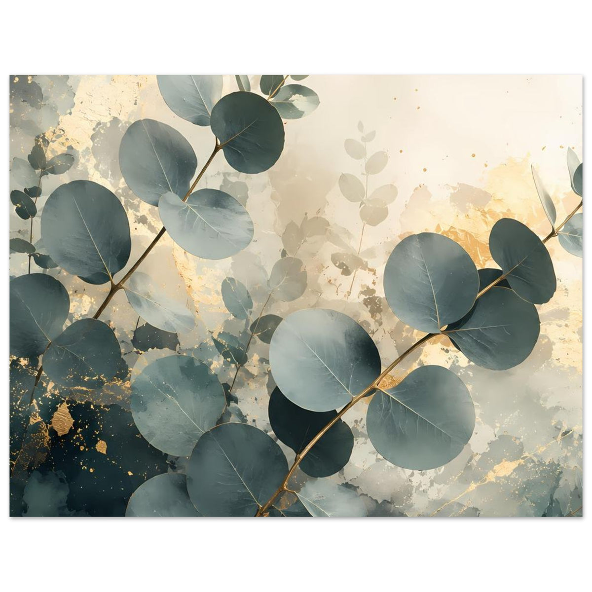 Eukalyptus-Poster horizontal mit blaugrünen Blättern, goldenen Akzenten und Aquarelloptik