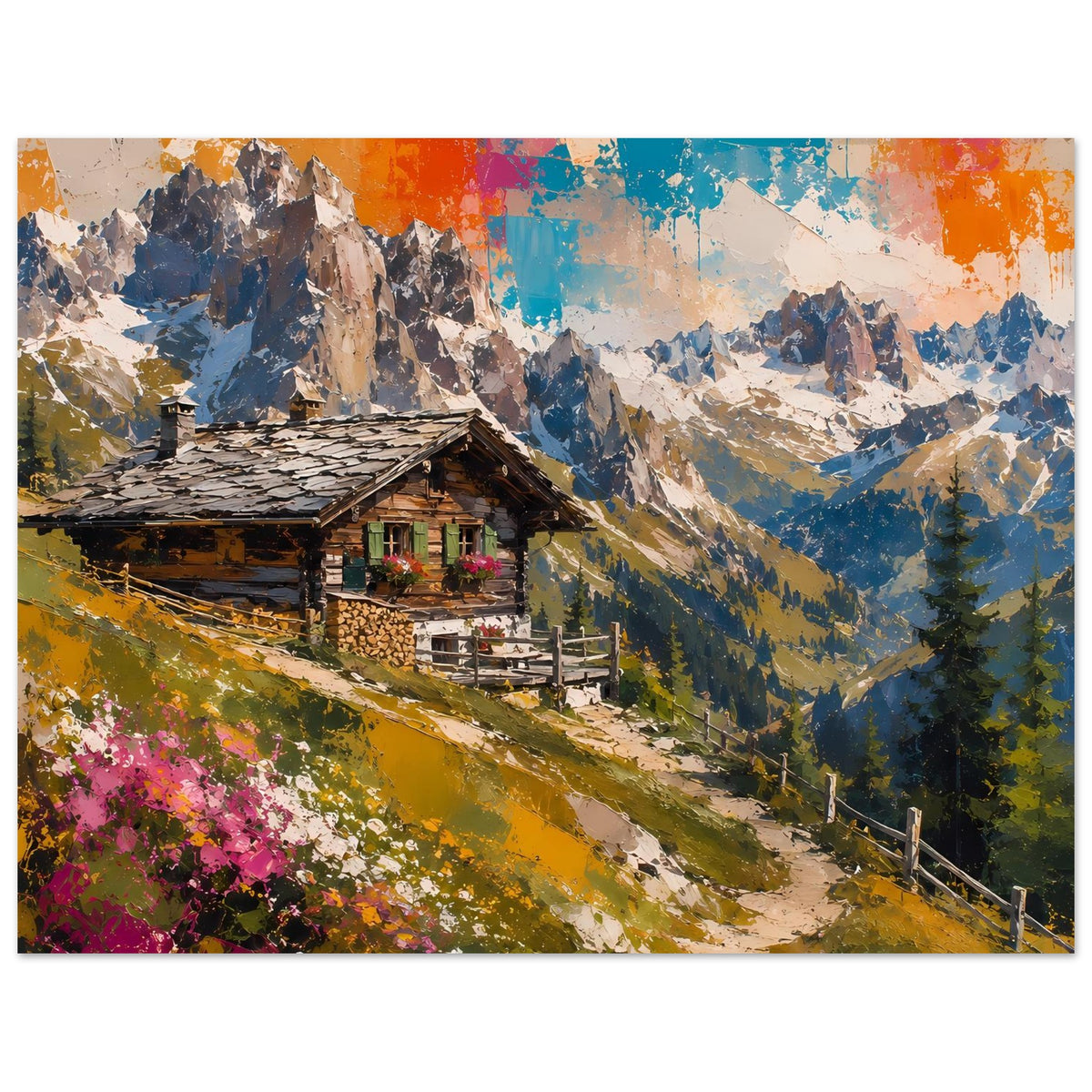 Poster mit Berglandschaft und Hütte, horizontale Ausrichtung, blau-orange Himmelabstraktion