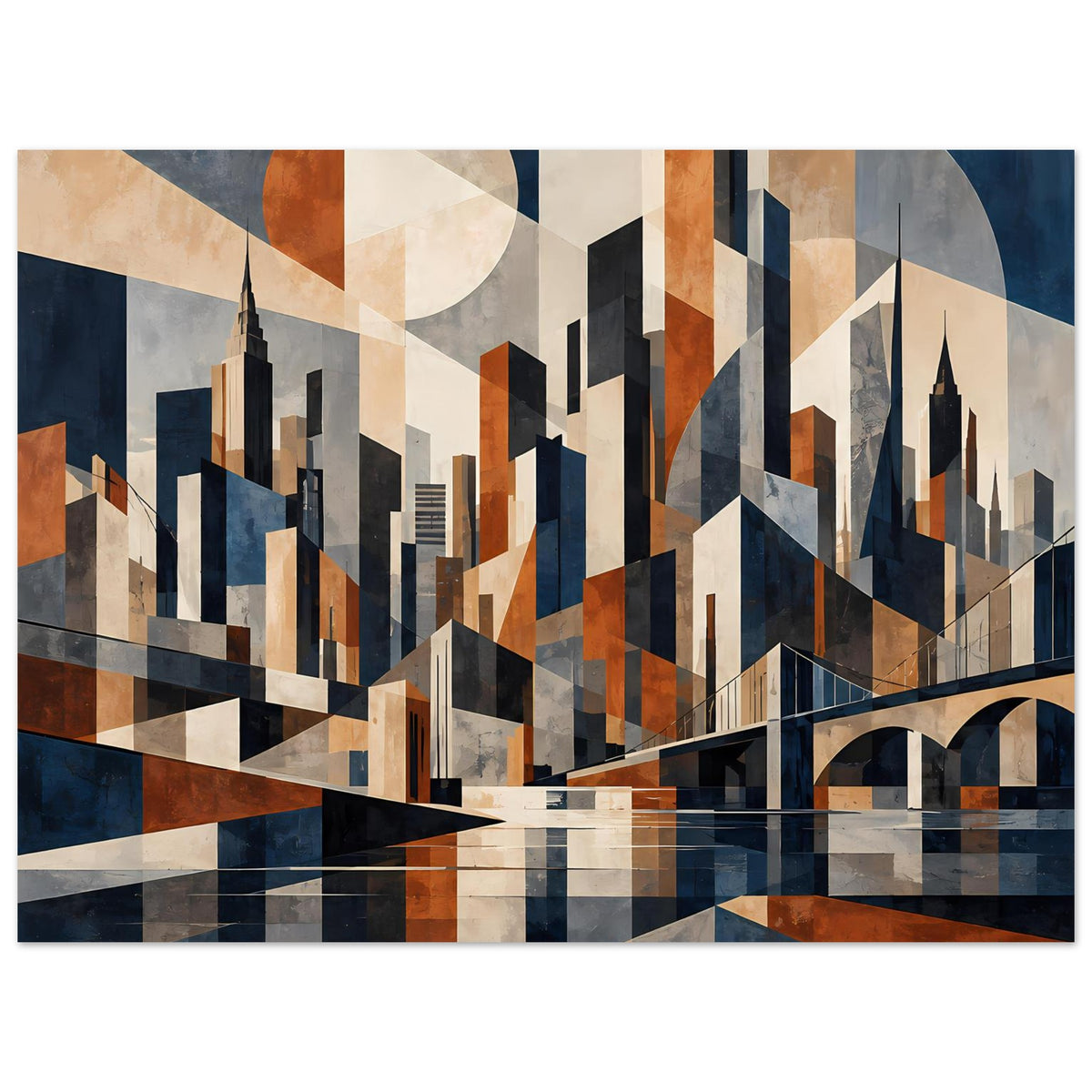 Poster mit geometrischer Stadtsilhouette: hohe Türme, Brückenbogen, Blautöne und Rostakzente.