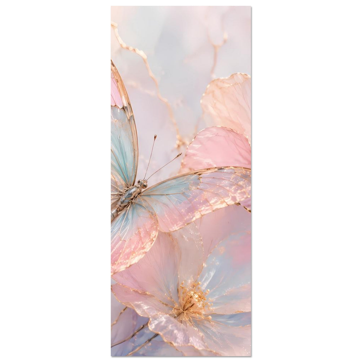 Hochformatiges Schmetterlingsposter mit rosa und blauen Flügeln, goldene Linien