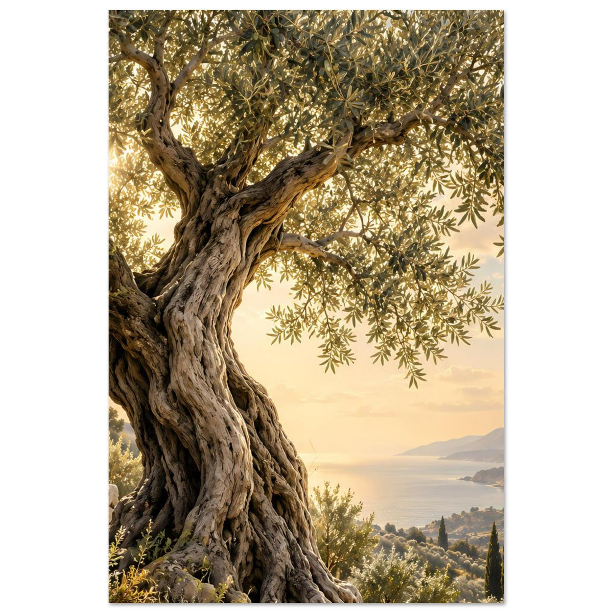 Poster mit Olivenbaum, linker Stamm groß im Bild, Blätterkranz und weite Landschaft