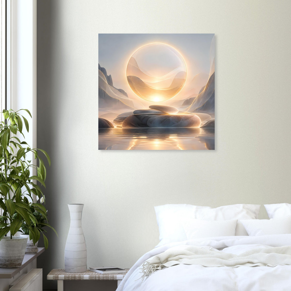 Kunstposter mit leuchtendem Ring in der Mitte und abstrakter Landschaft in warmem Licht