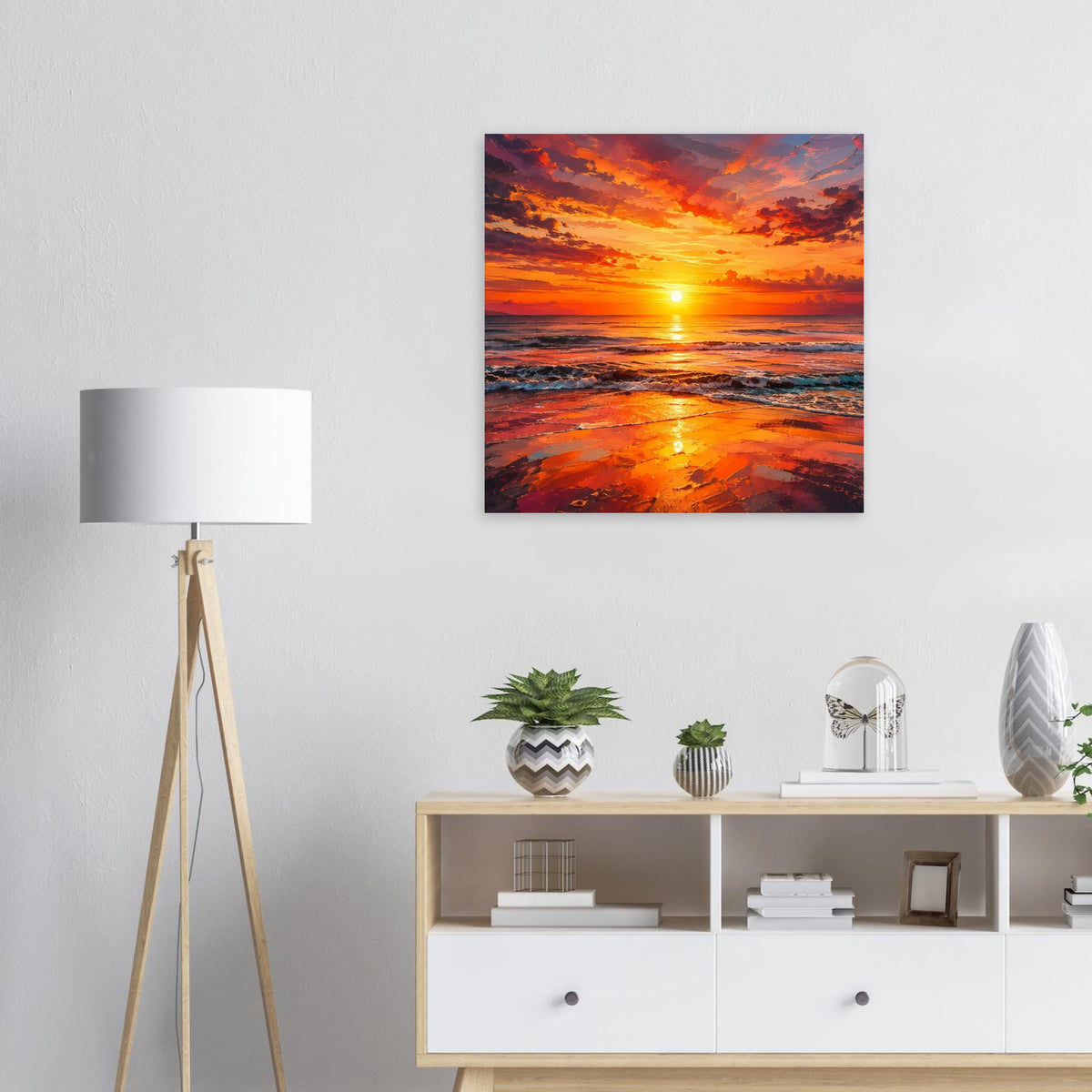 Rechteckiges Poster mit Sonnenuntergang über dem Meer und Wellen