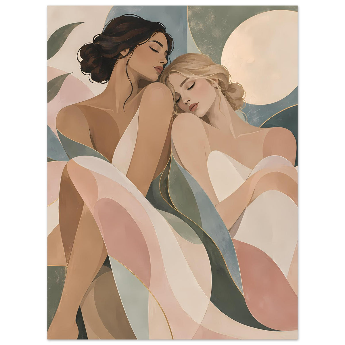 Kunstposter: zwei liebliche Porträts in Beige-, Rosa- und Grüntönen mit goldenen Linien