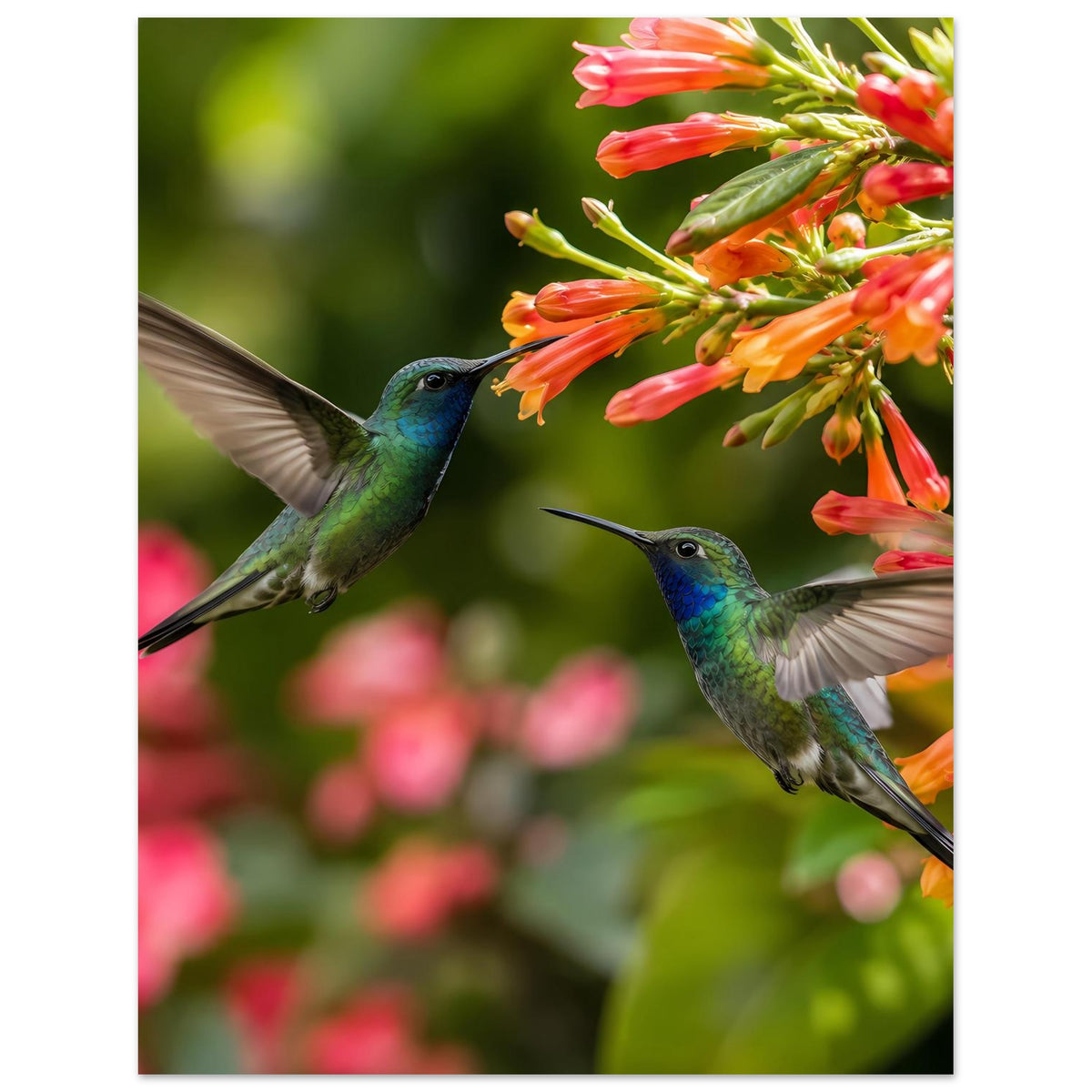 Posterdruck im Hochformat: zwei Kolibris fliegen zu Blüten in Orange und Pink