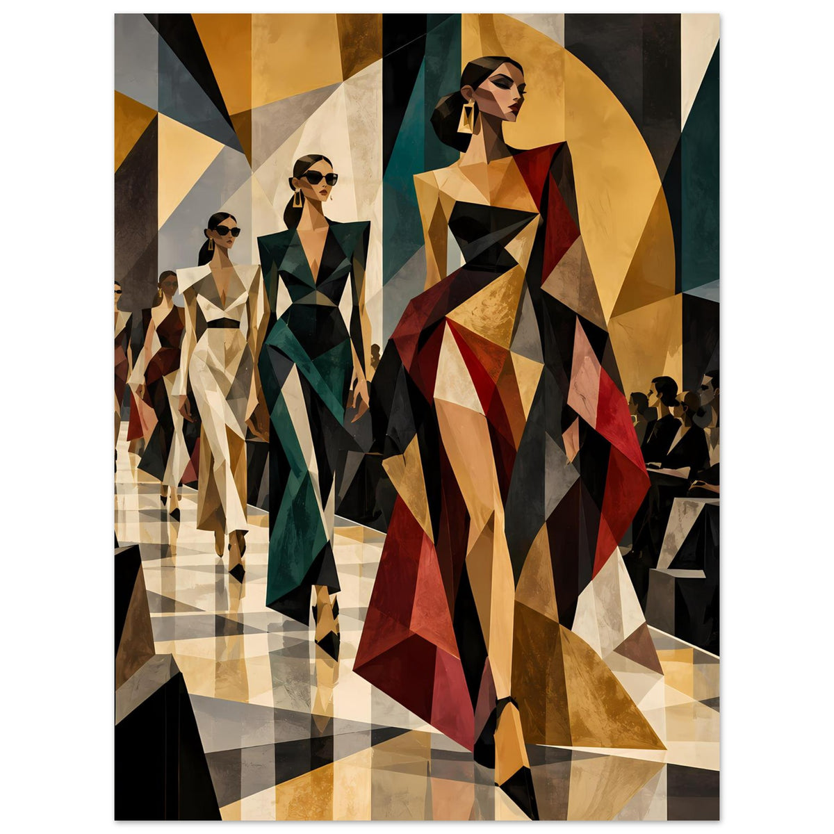 Fashion-Poster: Reihe von Laufstegmodellen mit geometrischen Formen in warmen Tönen