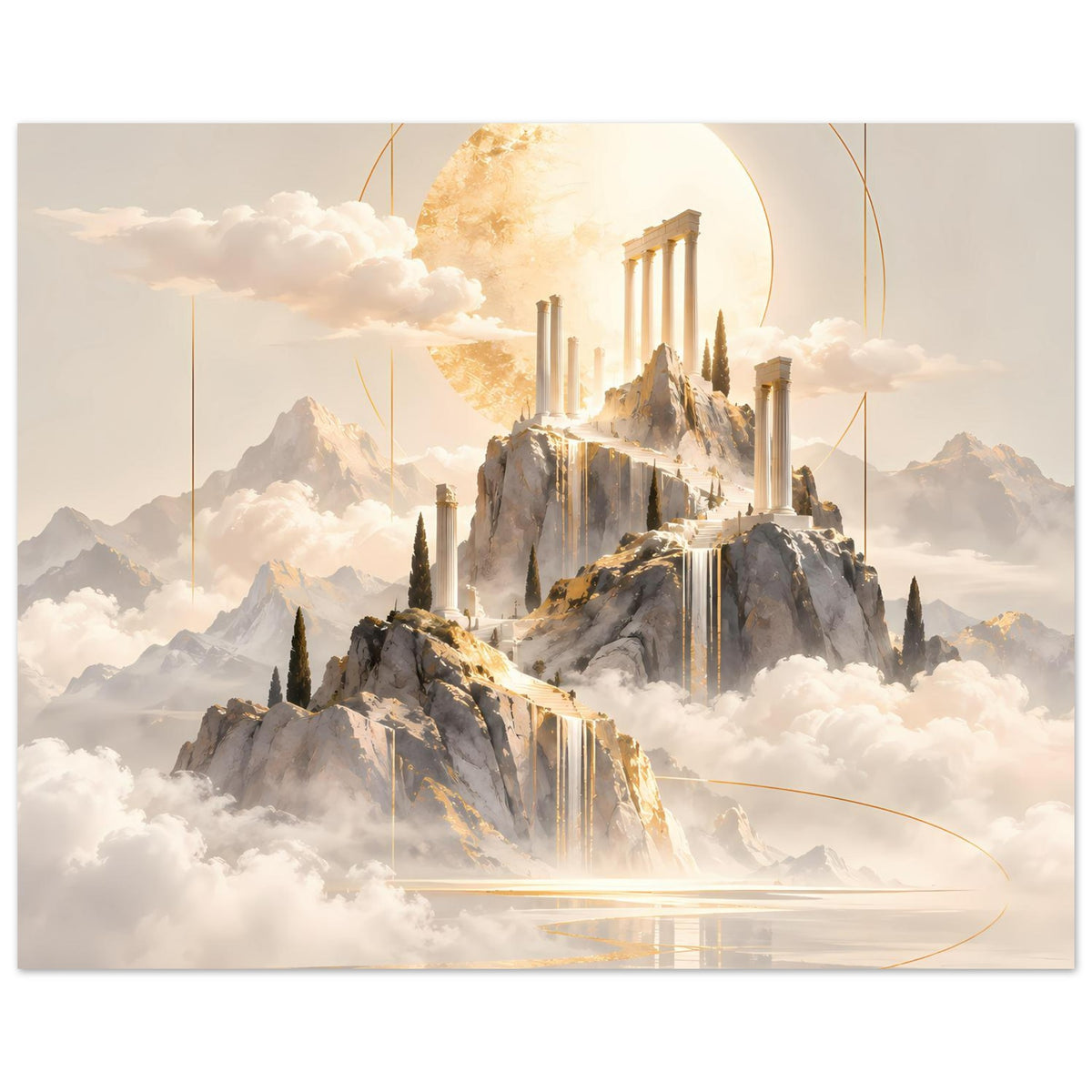 Querformatiges Poster: antike Säulen auf Berggipfel, goldener Sonnenkreis, Wolken