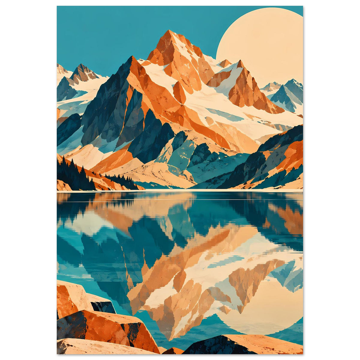 Naturposter im Hochformat mit Bergpanorama, See-Spiegelung und Mond am Himmel, blau-orange