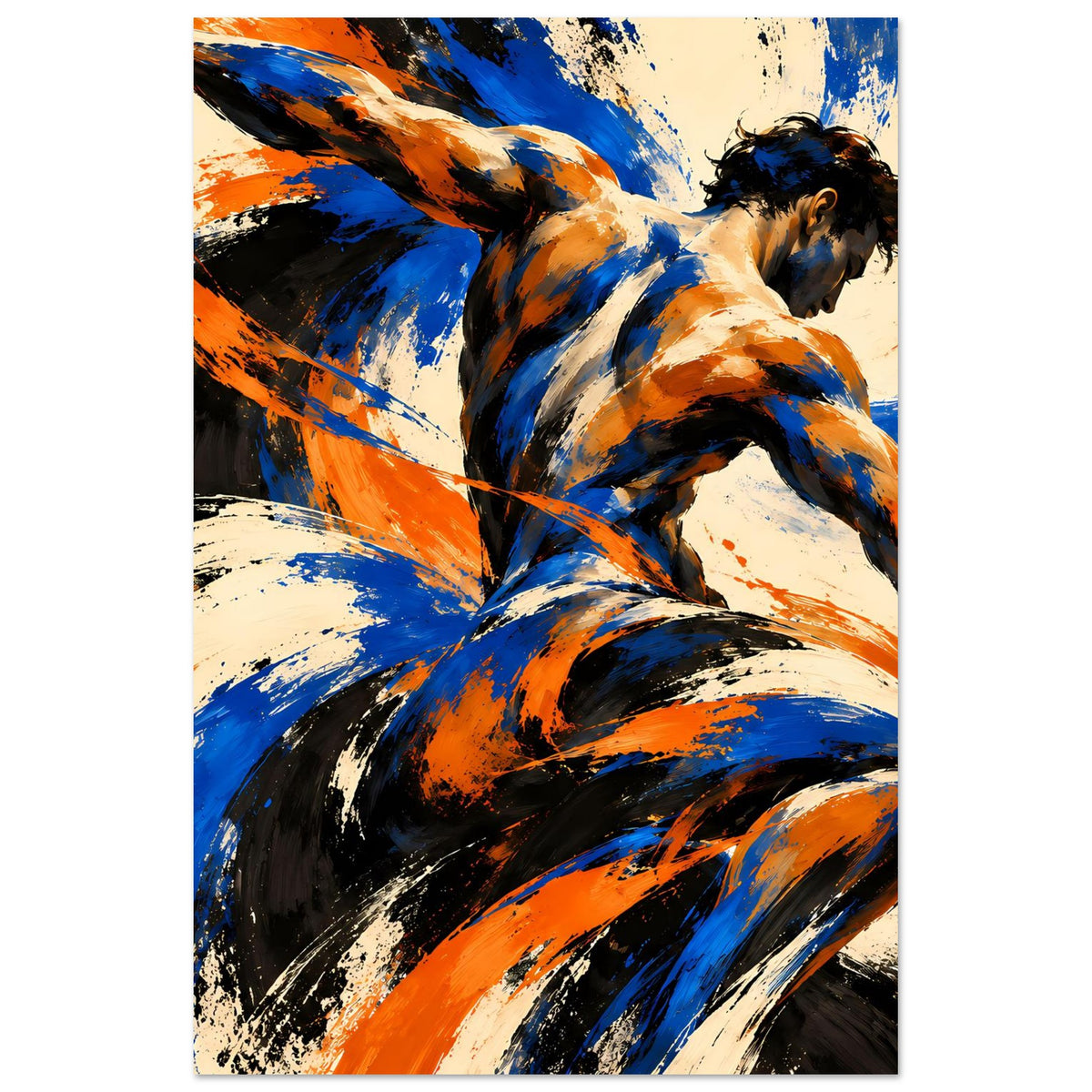 Abstraktes Kunstposter im Hochformat mit dynamischer Körperbewegung, Blau-Orange-Wischern und Schwarz