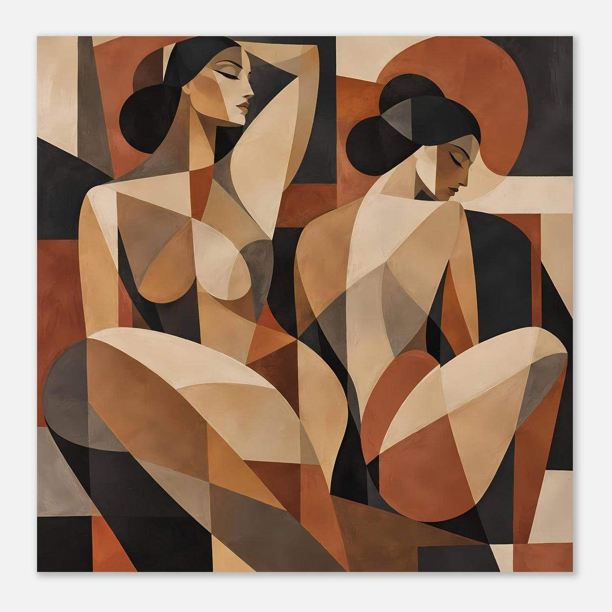 Abstraktes Poster mit zwei Frauenfiguren, kubistische Muster, erdige Palette mit dunklen Flächen