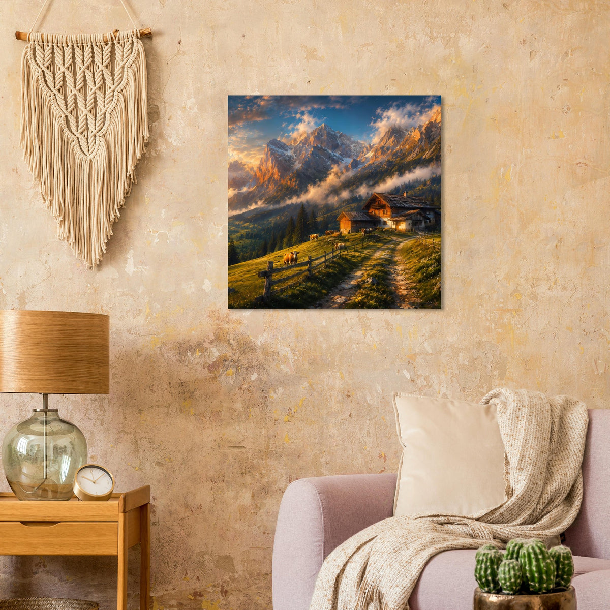 Poster mit Almhütte auf holprigem Pfad, umgeben von Bergwiesen und hohen Alpen