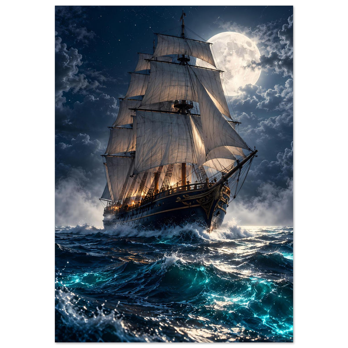 Segelschiff-Poster mit Vollmond und Wolken, Segelboot auf blaugrüner See