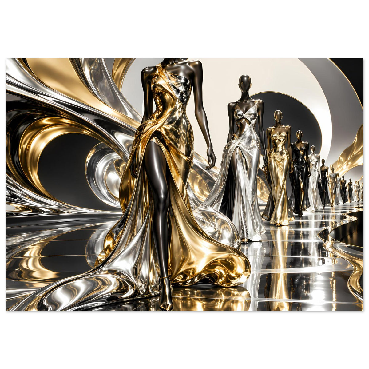 Poster mit gold- und silberfarbenen abstrakten Figuren, breite Komposition mit Spiegelboden
