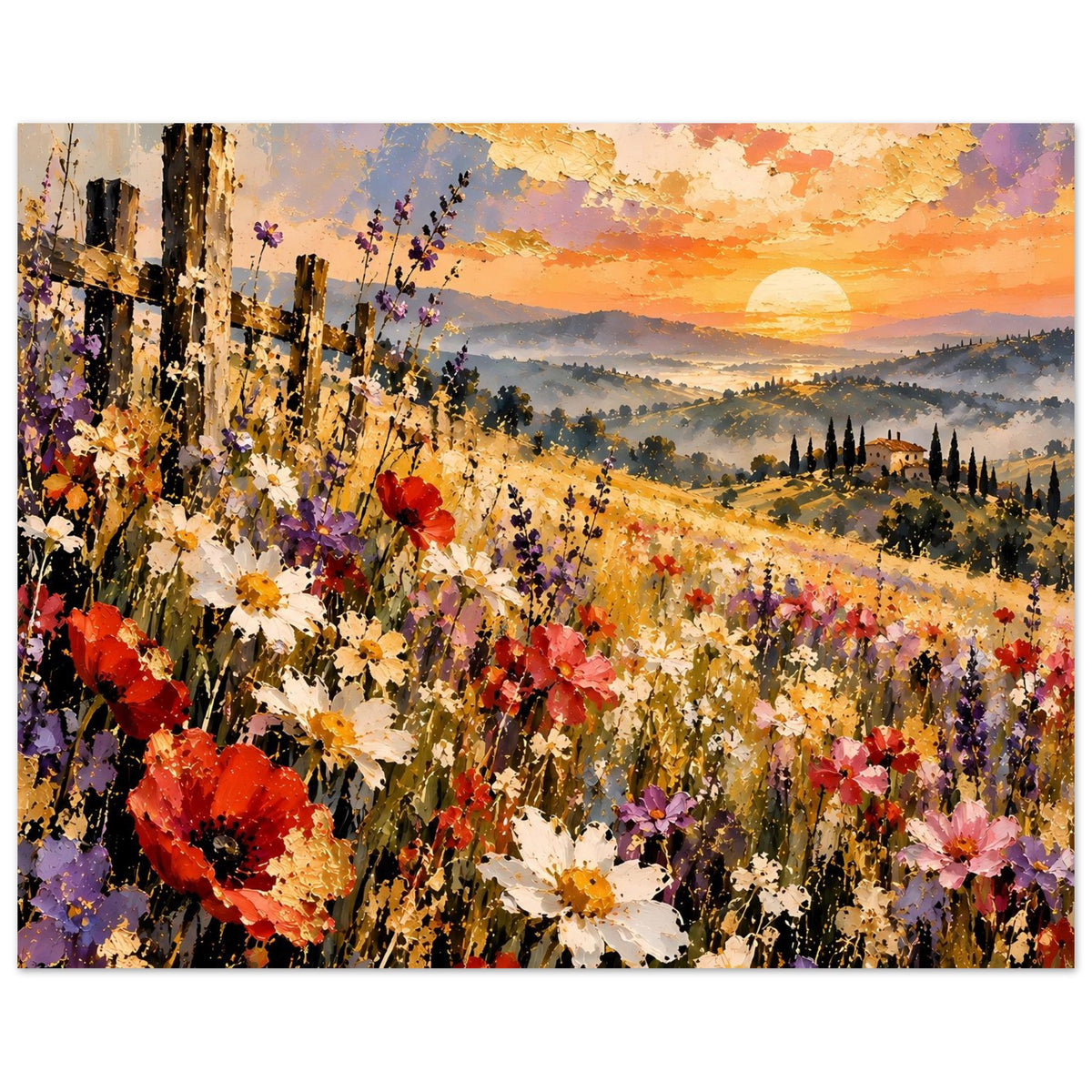Landschaftsposter mit blühendem Feld, Mohnblumenreihe links und Sonnenuntergang
