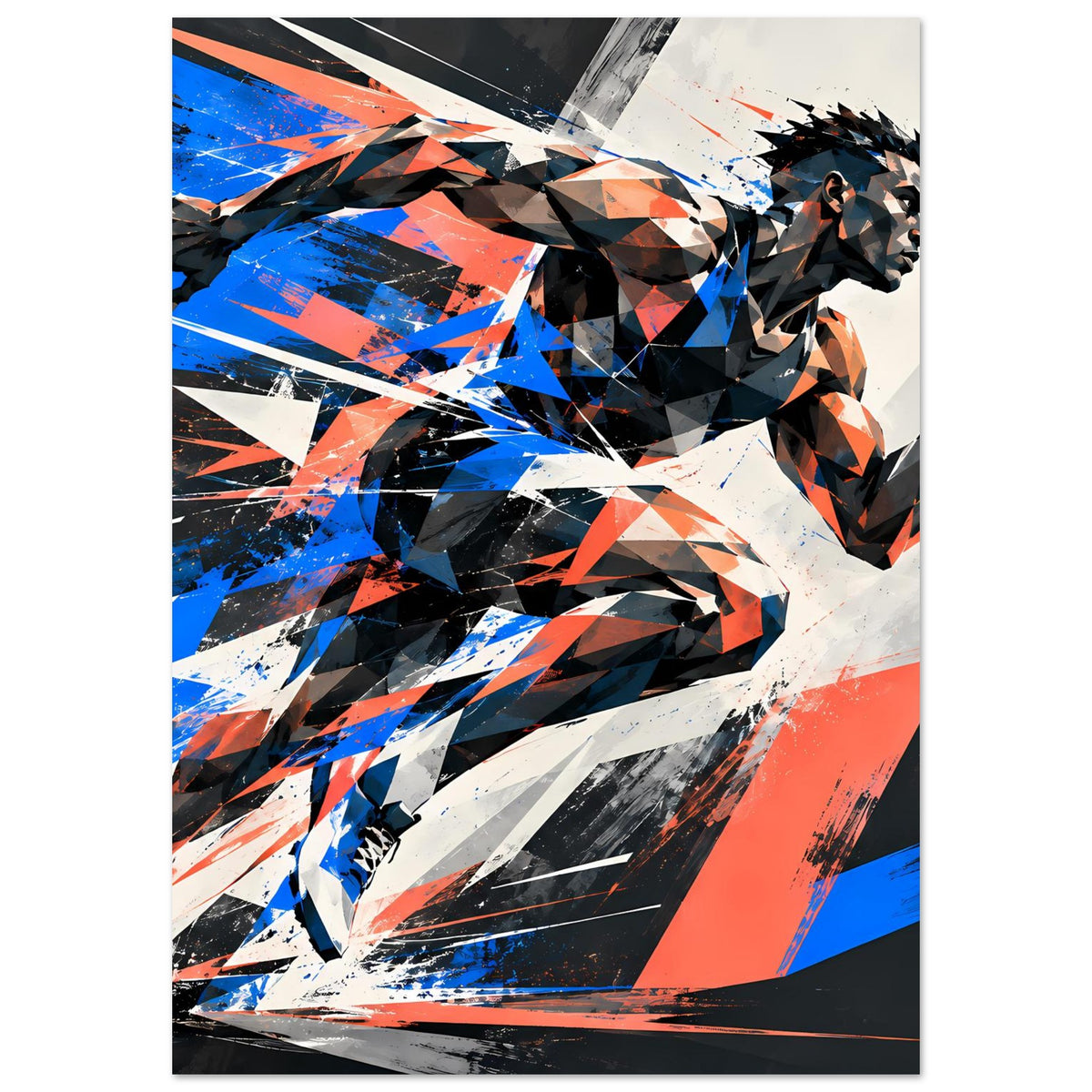 Poster mit dynamischem Läufer-Motiv, vertikal: abstraktes Gesicht und Körper in Blau/Orange