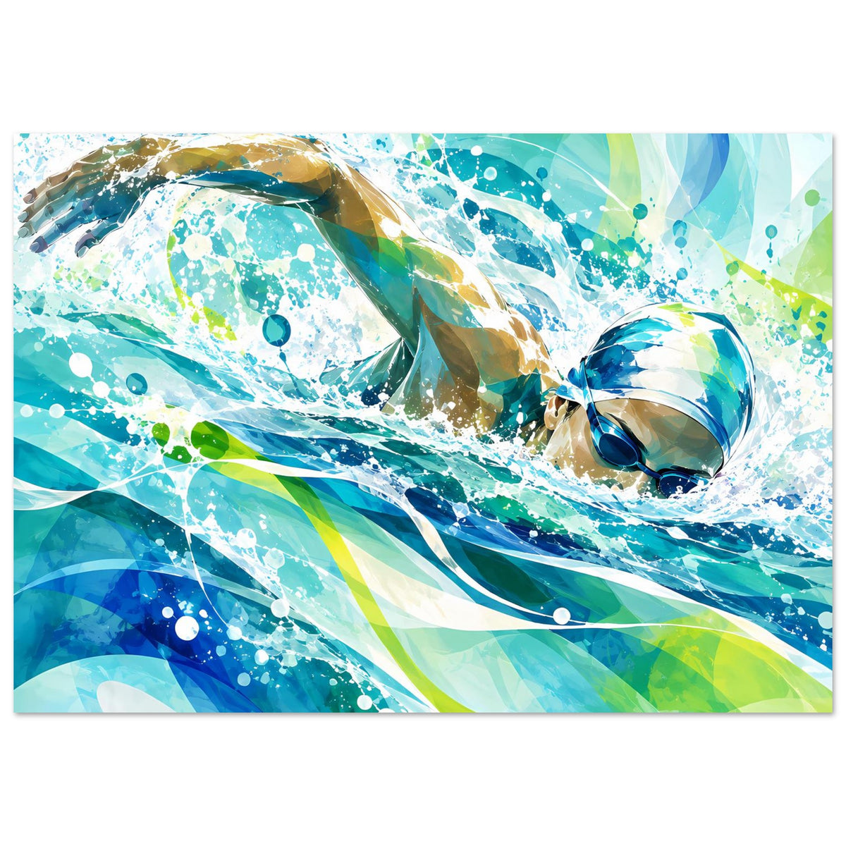 Querformat-Poster mit abstrakter Schwimmer-Szene im Wasser, kräftige Blau- und Grüntöne