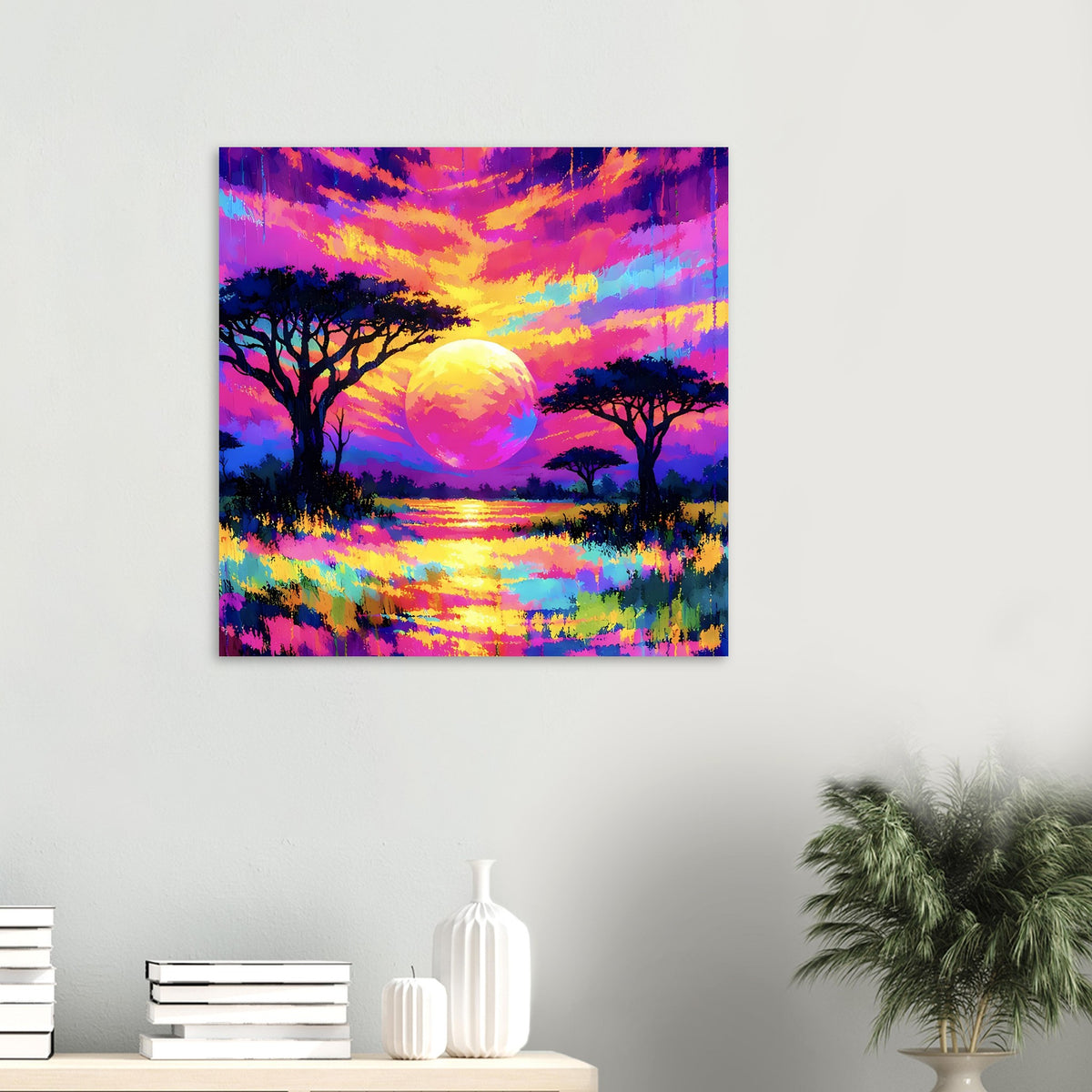 Quadratisches Landschaftsposter mit Neon-Sonnenuntergang, See-Reflexion und Baum-Silhouetten.