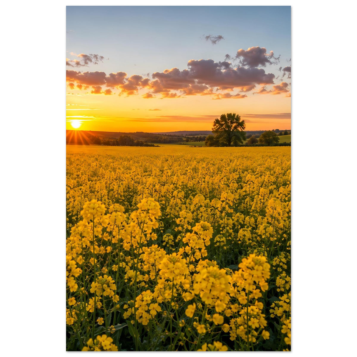 Landschaftsposter im Hochformat mit gelbem Blütenmeer, Sonnenuntergang über Feldern