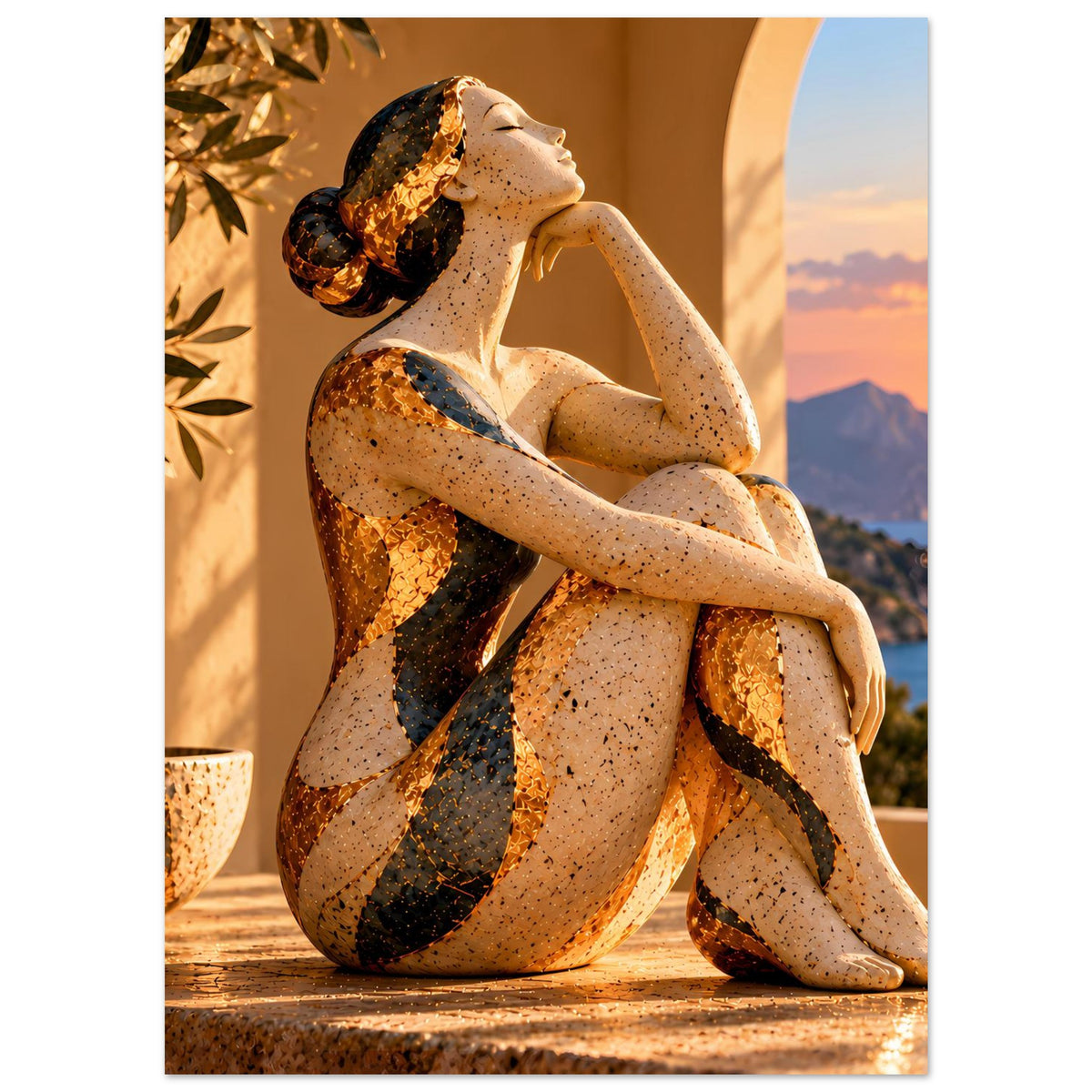 Poster mit sitzender Bronzefigur, geschwungene Muster auf der Figur, Küste und Meer sichtbar
