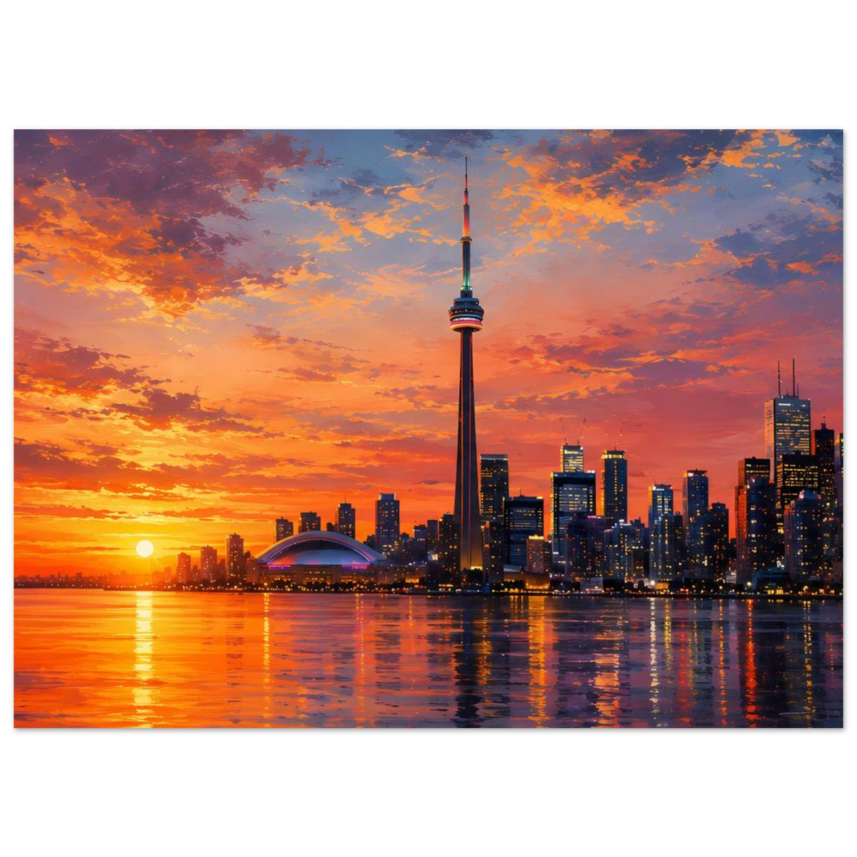 Horizontales Poster mit City-Skyline bei Sonnenuntergang und CN-Tower über Wasserreflexen