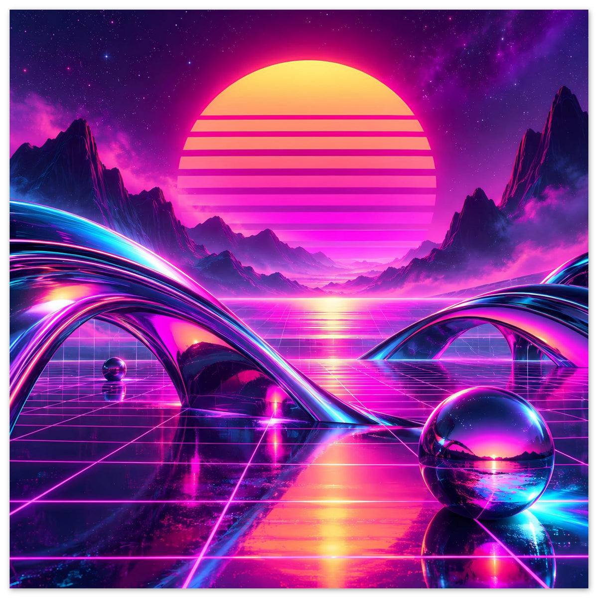 Retro-Science-Fiction-Poster: großer Sonnenuntergang, Gitternetzstraße, Neonkugeln & Lichtspuren