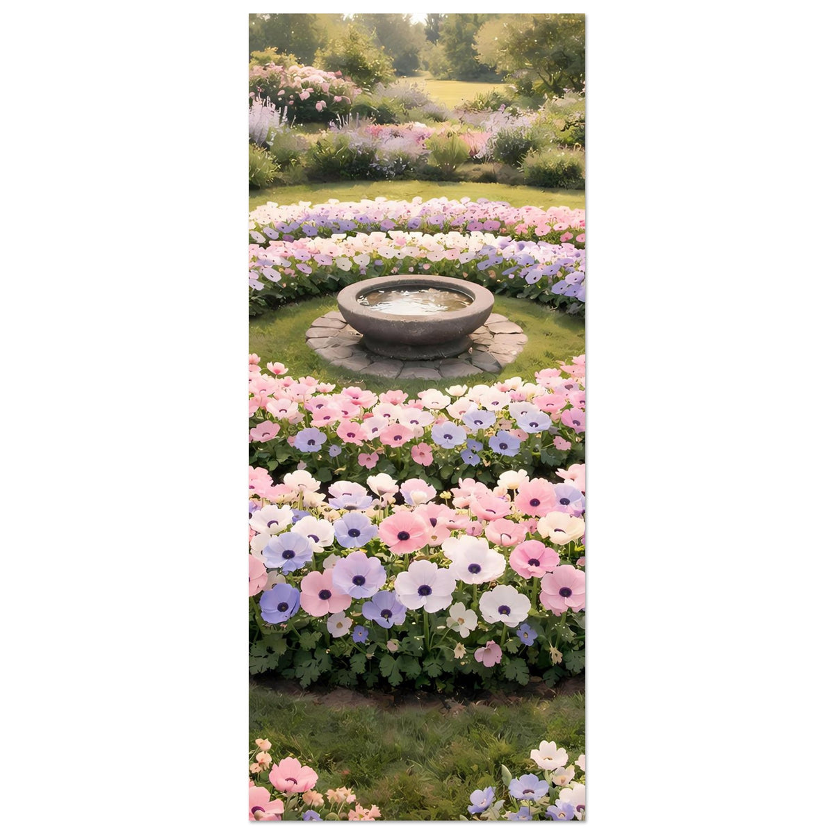 Hochformat-Poster mit pastellfarbenem Blumengarten: Kreisbeet mit Stein-Schale im Zentrum