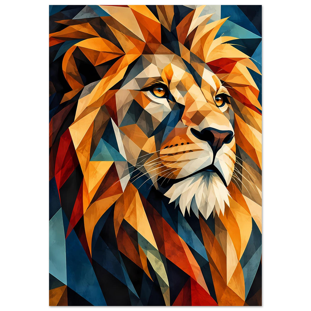 Poster mit geometrischem Löwenkopf, leuchtende Gelb- und Orangeflächen, Blau- und Rotton