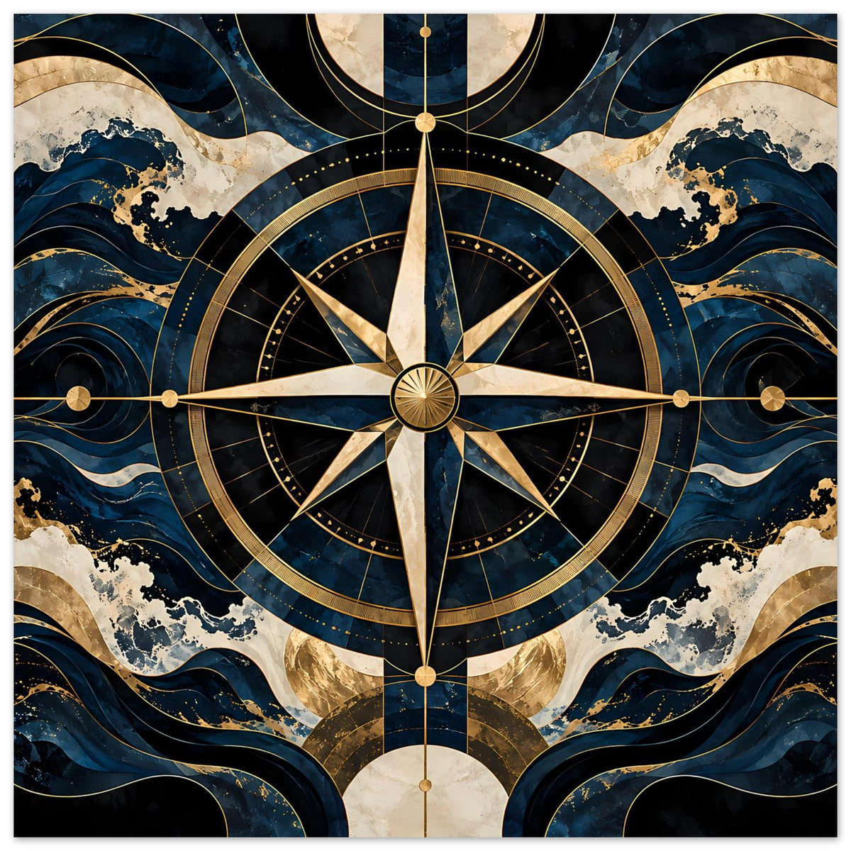 Maritimes Navigationsposter mit großem Kompassmotiv in Blau und Gold, umlaufenden Kreisen