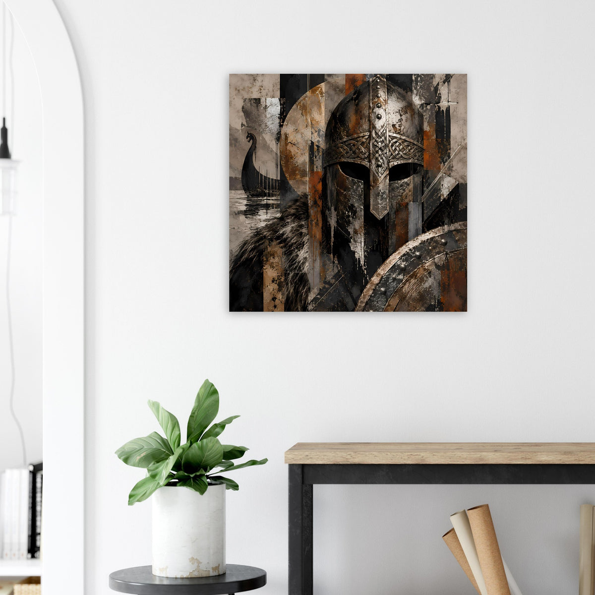 Wiking-Krieger-Poster mit Helm und Schild in Schwarz-, Grau- und Ockertönen