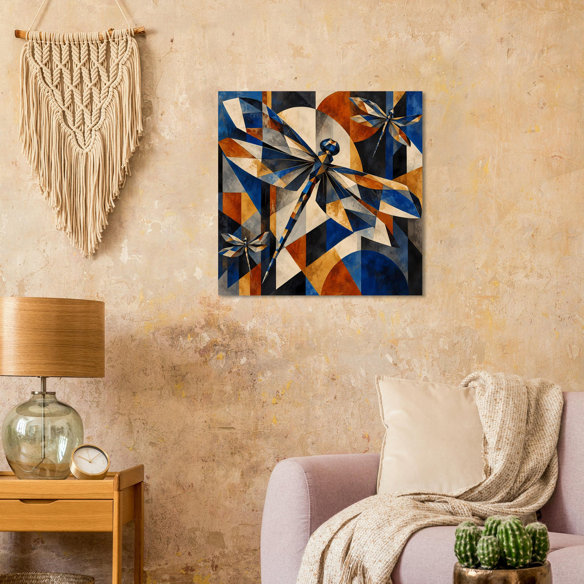 Quadratisches Kunstposter mit geometrischen Libellen in Blau und Kupfer