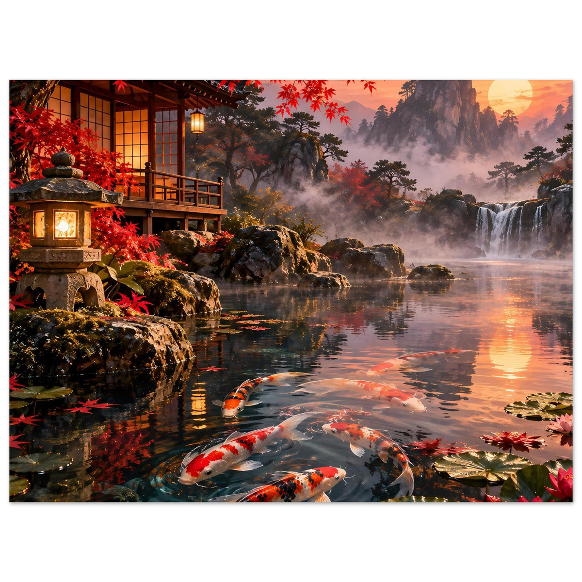 Poster (quer) mit Koi-Teich: mehrere Koi im Wasserlauf, Felsen, Wasserfall und rote Pflanzen.