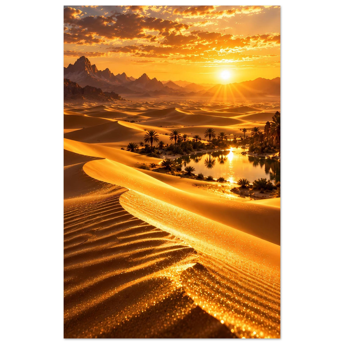 Wüstenlandschafts-Poster im Hochformat: Dünen, Oase mit Palmen und strahlende Sonne am Himmel