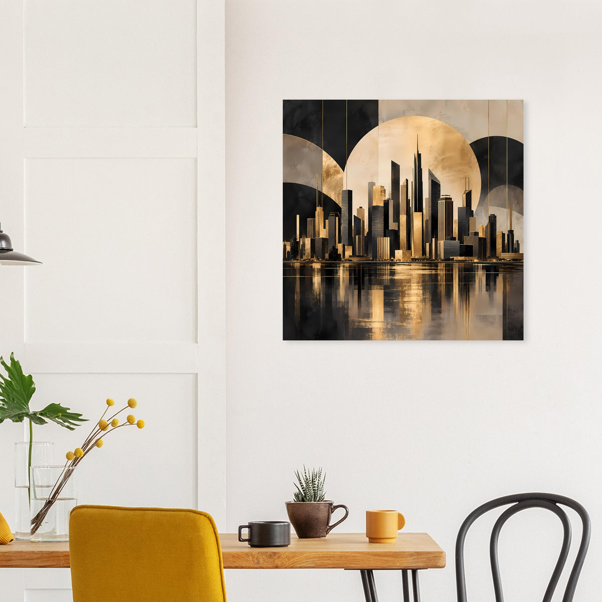 Gold-schwarzes Stadtposter mit reflektierender Skyline im nächtlichen Look