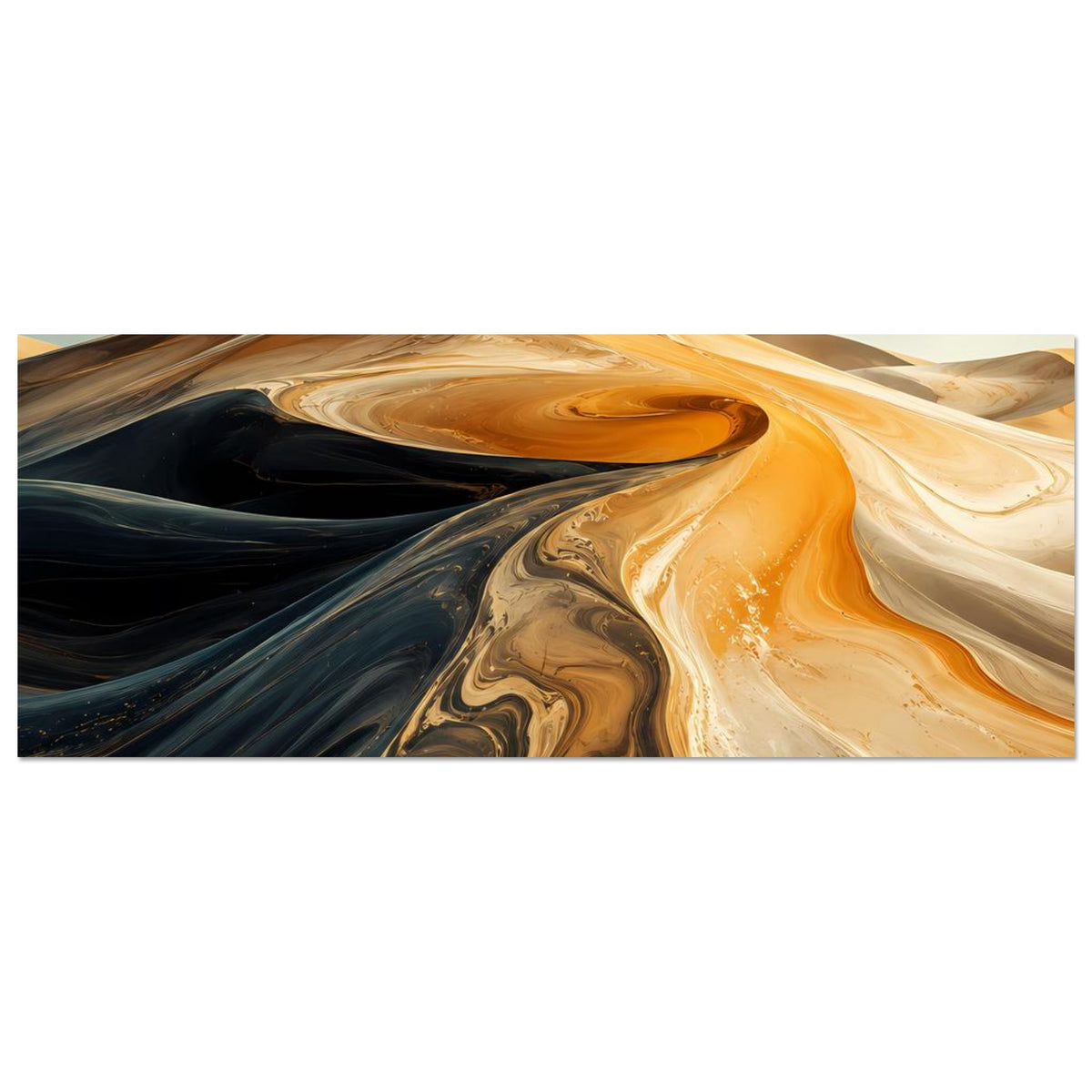 Horizontales Poster mit abstrakten Wüstenwellen in Orange, Beige und Dunkelbraun, helle Strähnen