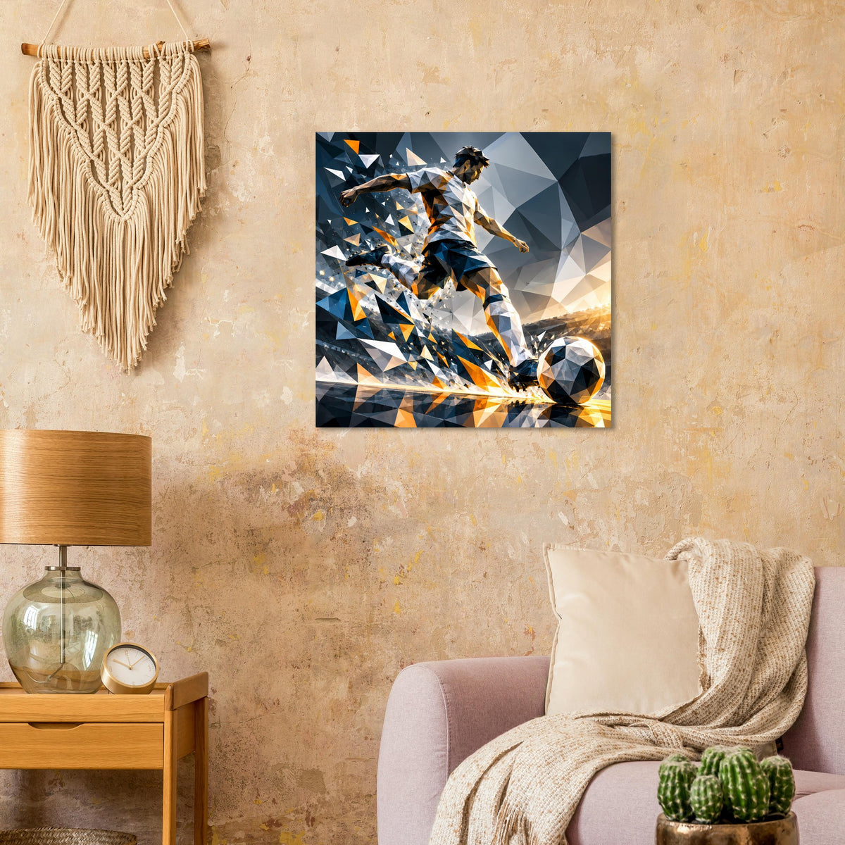 Fußball-Actionposter mit spielendem Fußballer, blau-orange geometrische Dreiecke