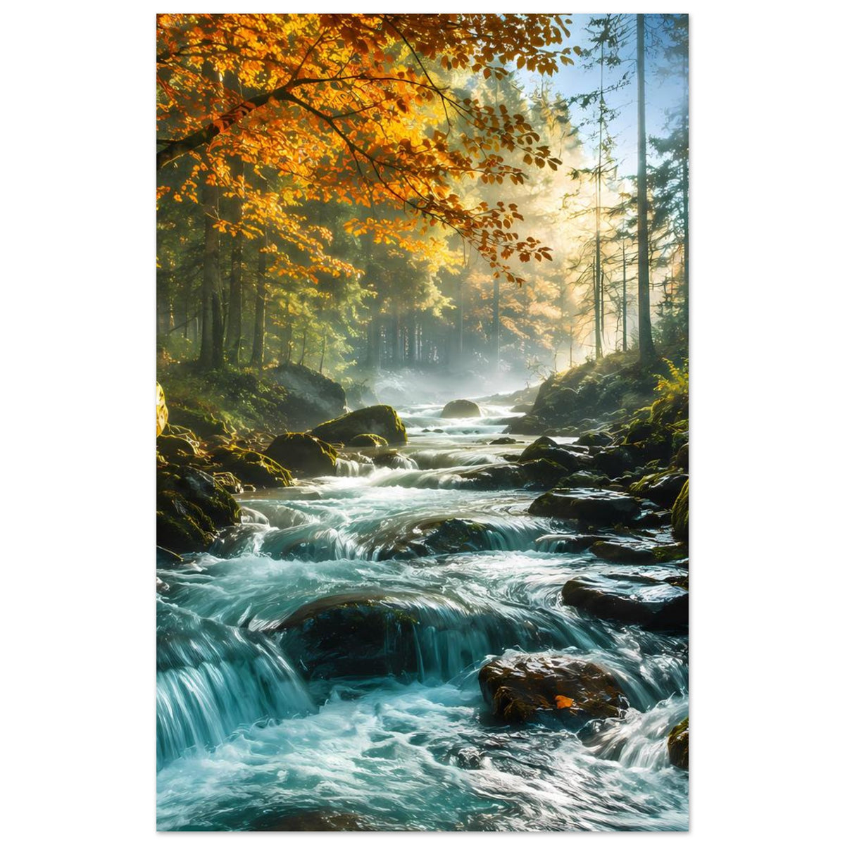 Hochformat-Poster Waldstrom mit Wasserfällen, orangefarbenes Blattwerk oben, türkisfarbenes Wasser, matt