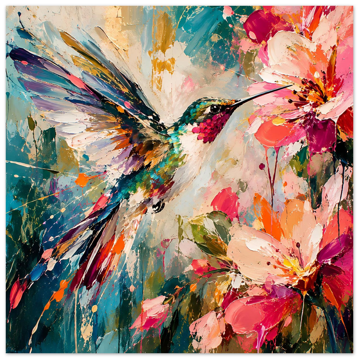 Großes Poster quer: Kolibri & Blüten, buntes Spritzdesign, gerahmt