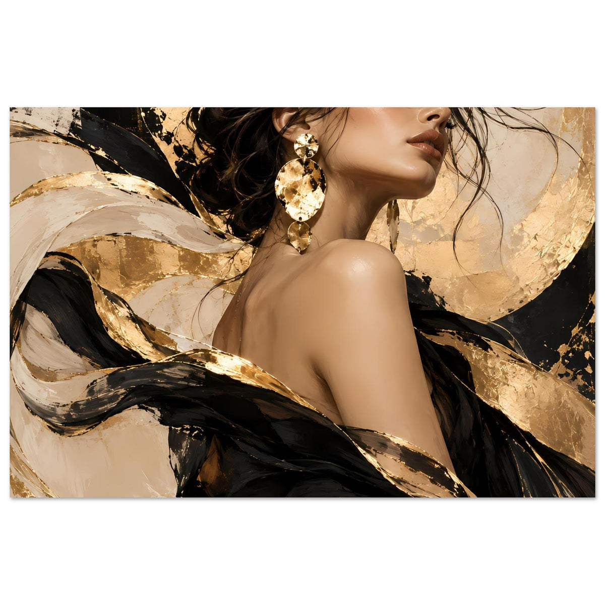 Portraitposter im Querformat, Frau mit goldenen Ohrringen, abstrakte schwarze & goldene Farbstreifen