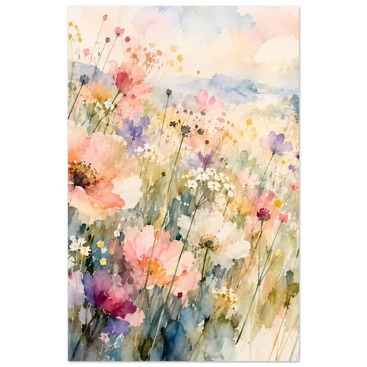 Hochformatiges Aquarell-Poster mit Wildblumenwiese in Pastell, viele Blüten auf dünnen Stängeln