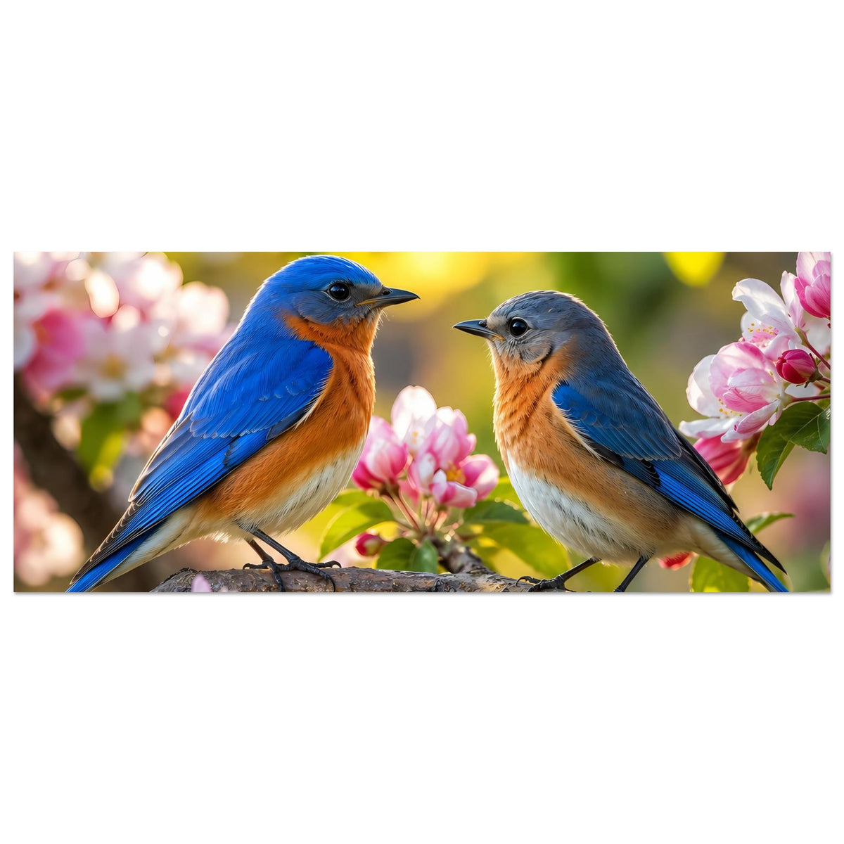 Horizontales Poster-Bild: zwei Blaumeisen auf Ast zwischen rosa Blüten