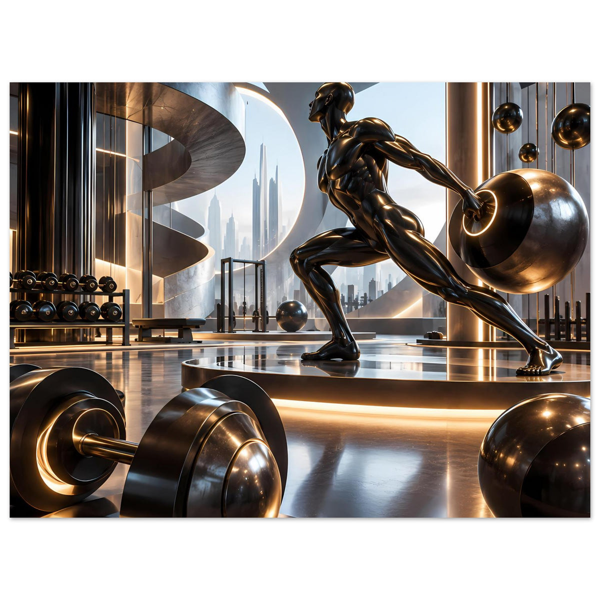 Horizontales Fitnessposter mit bronzener Figur, Hantelscheiben und Trainingsgeräten im Raum