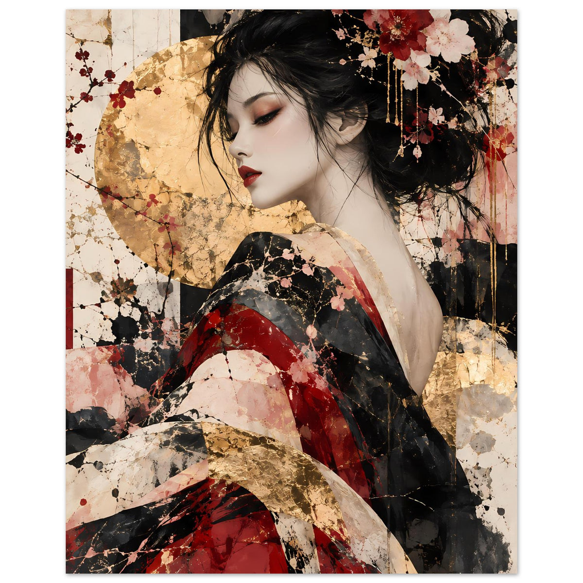 Asiatisches Kunstposter im Hochformat: Porträt einer Frau mit rotem Kimono und Goldakzenten