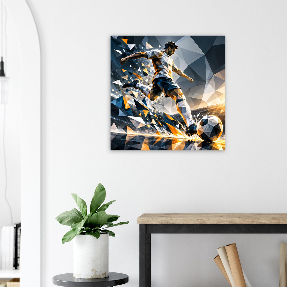 Fußball-Actionposter: Fußballer mit Ball, geometrische Blau- und Orangetöne